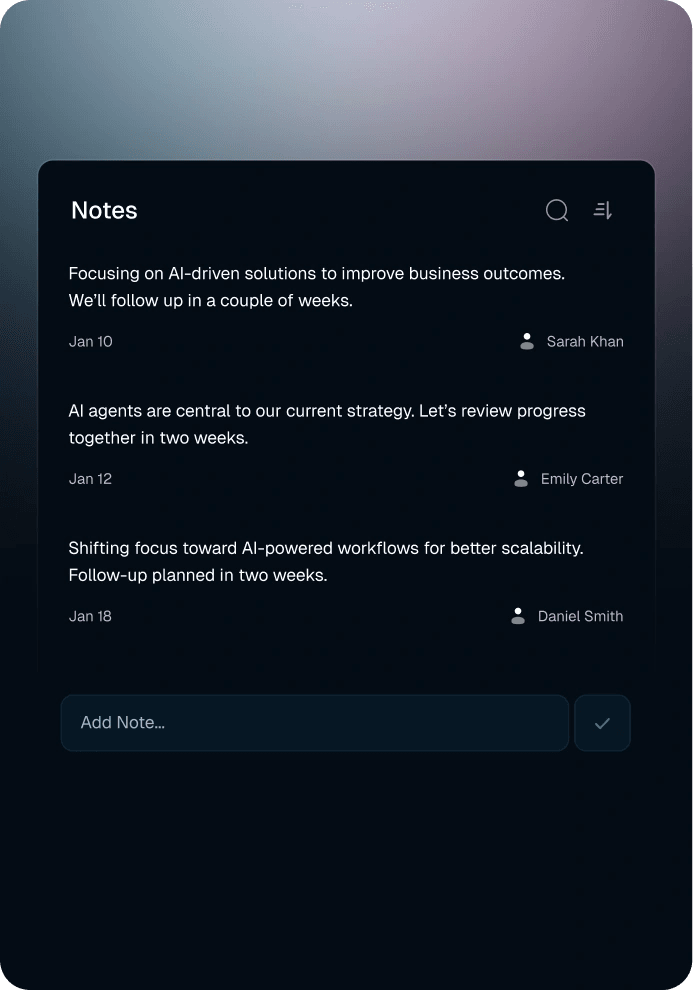 Zian AI contact notes with dated follow-up comments