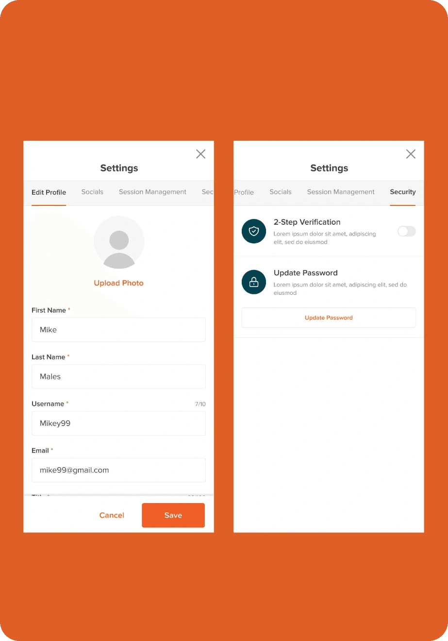 Labman settings screens for profile and security