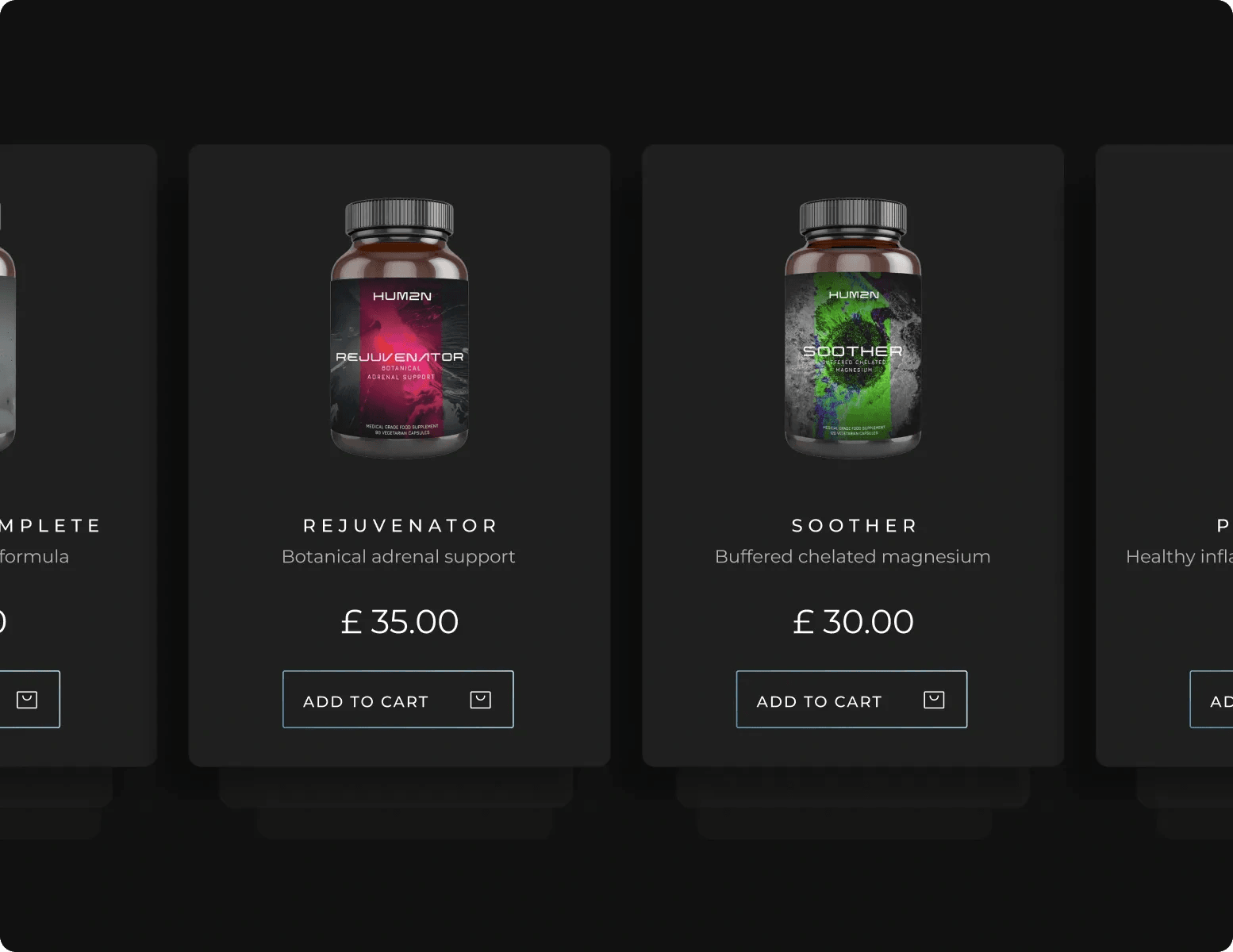 HUM2N supplement cards with prices and Add to Cart