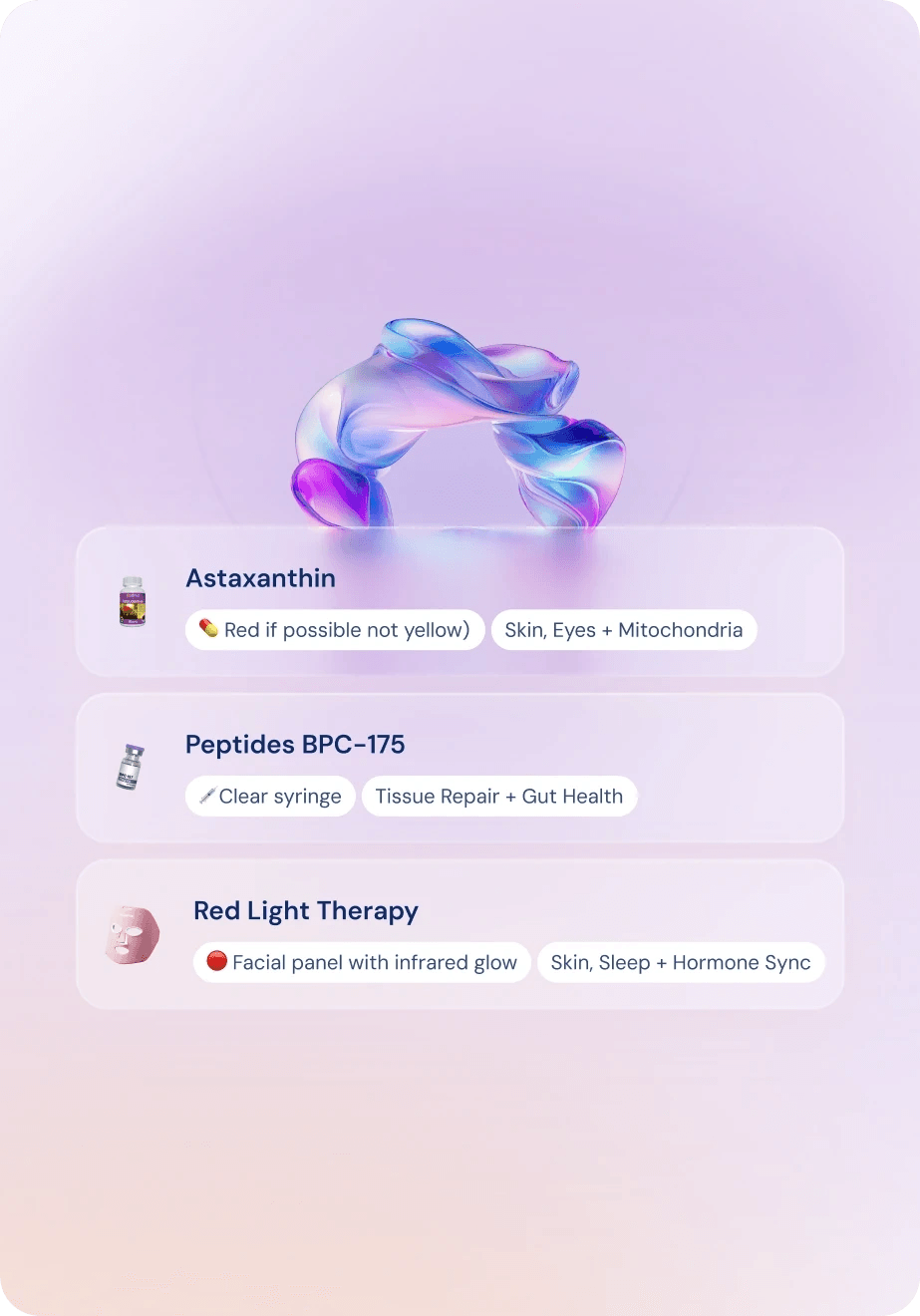 MetaPause supplement and therapy cards: Astaxanthin, Peptides BPC-175 and Red Light Therapy