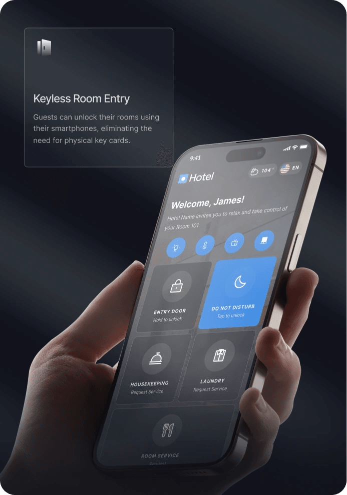 Bodhi guest app on a phone with a keyless room entry card