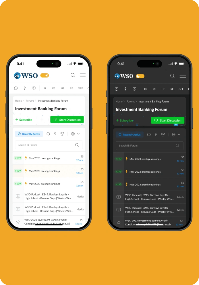 Wall Street Oasis forum on a phone in light and dark mode