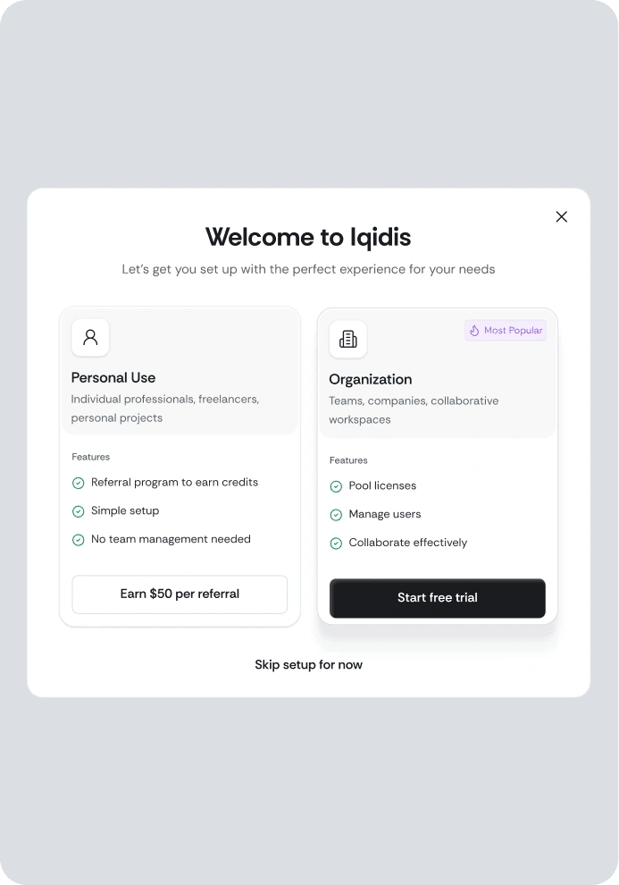 Irys onboarding screen to choose personal or organization use