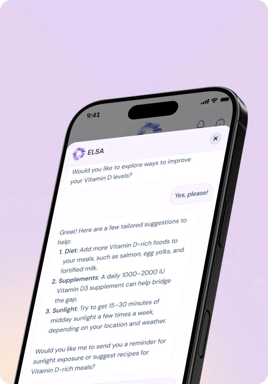 ELSA, the MetaPause AI assistant, suggesting ways to improve vitamin D levels