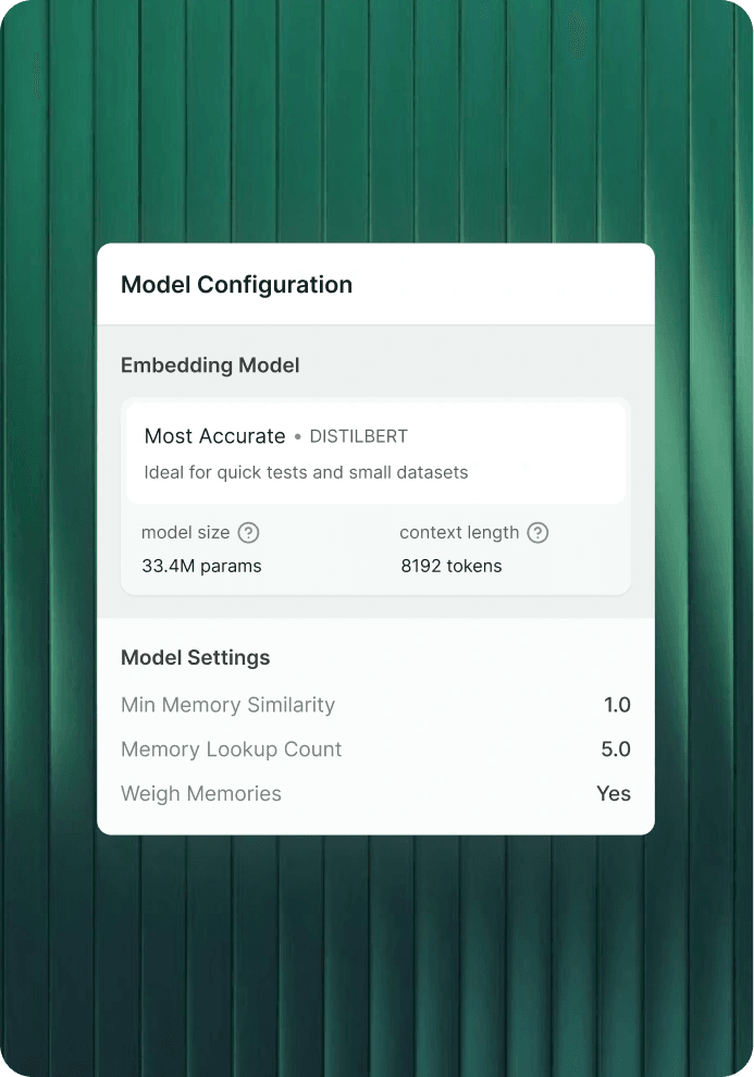 Orca model configuration with embedding model and memory settings