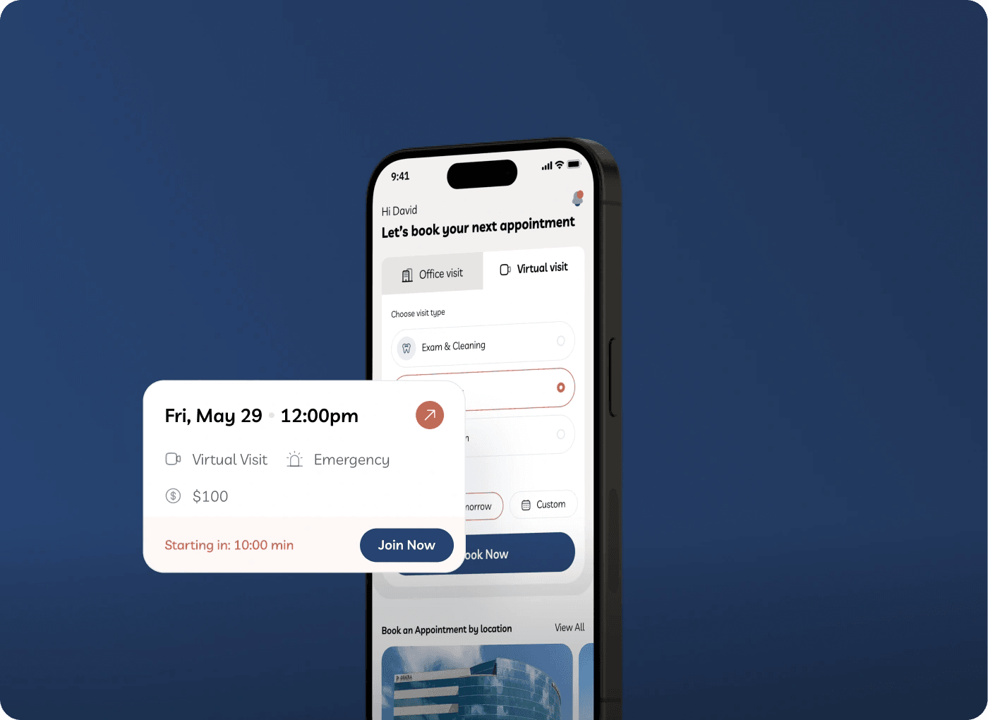 Clove virtual visit booking with a Join Now card