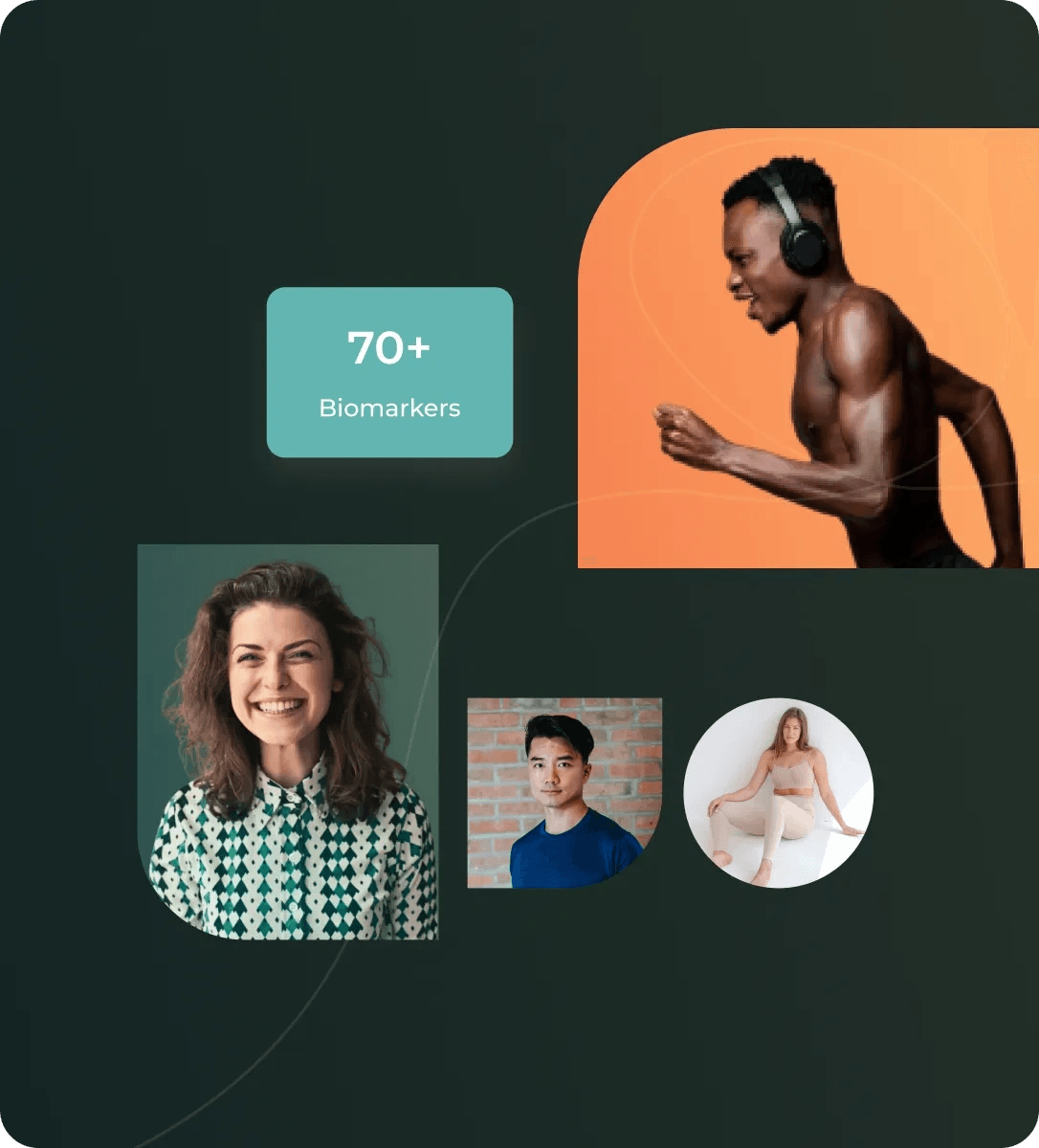 HUM2N card showing 70+ biomarkers with client portraits