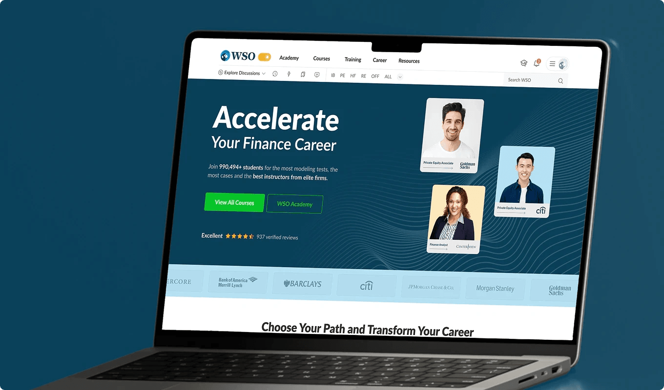Wall Street Oasis homepage on a laptop: Accelerate Your Finance Career