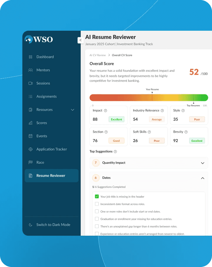 A generative AI resume reviewer built for Wall Street Oasis, scoring a CV and suggesting improvements.