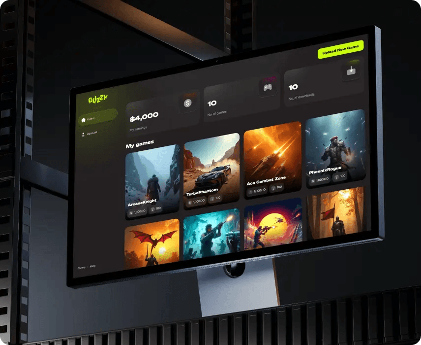 Glizzy game publishing dashboard with earnings and a grid of game covers.