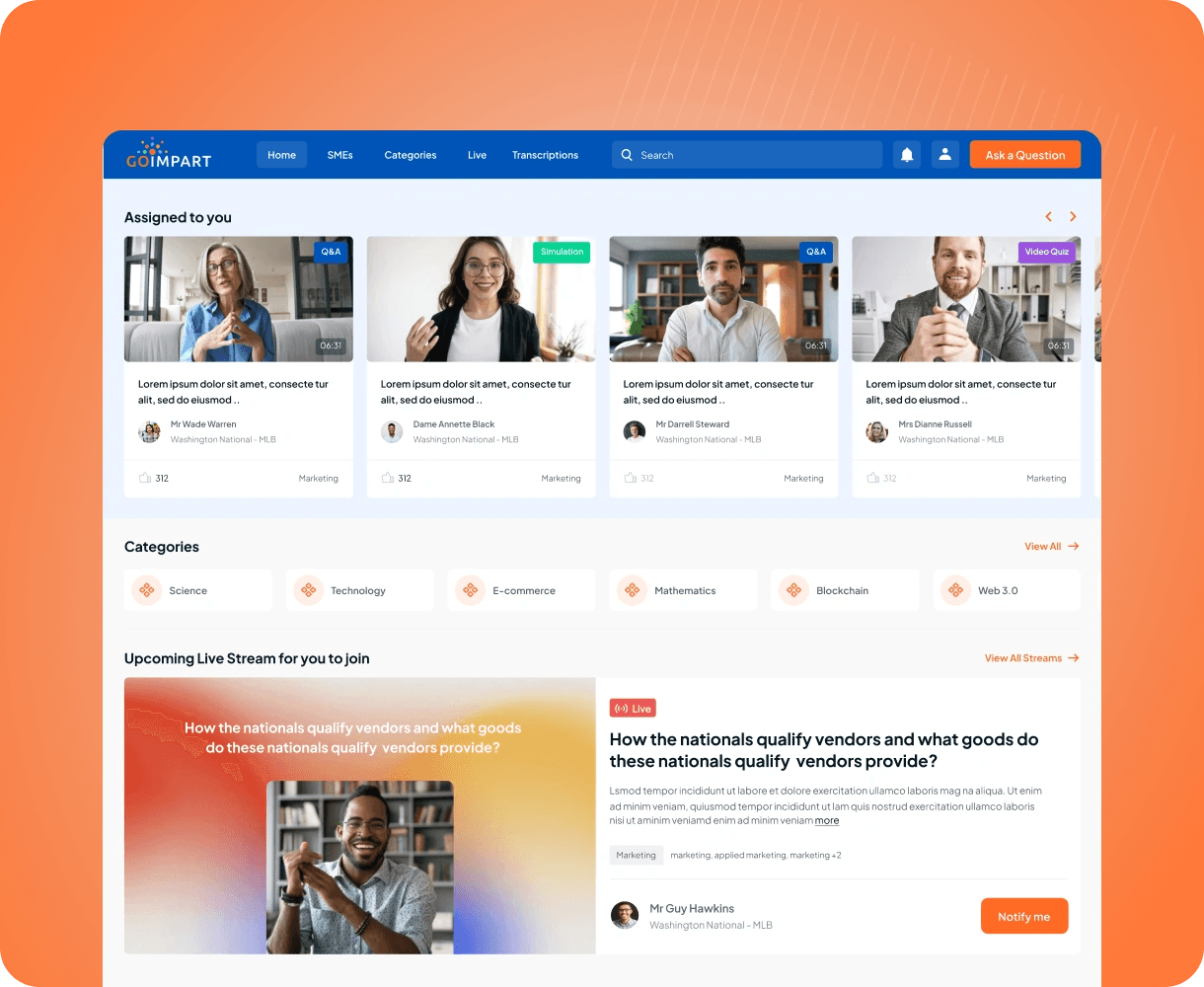 GoImpart web app dashboard with assigned expert videos and learning categories.