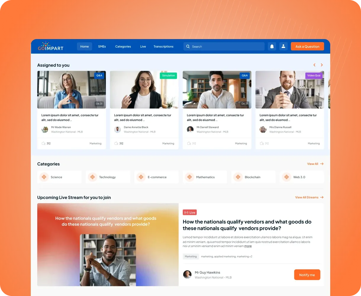 GoImpart expert network dashboard with assigned experts, categories and an upcoming live stream.