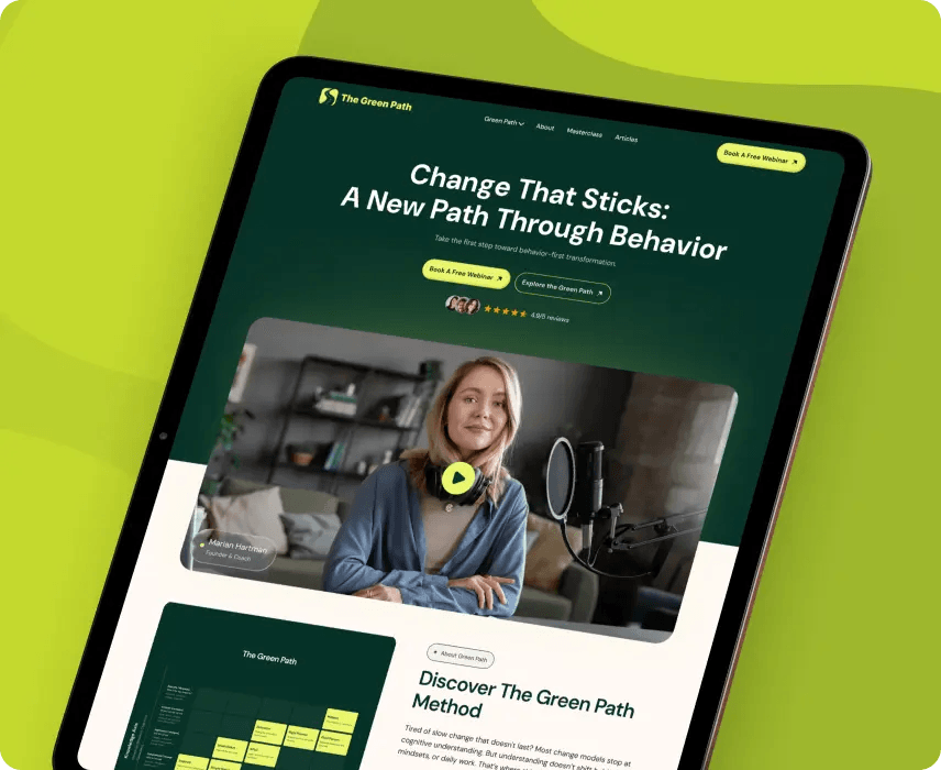 Green Path website on a tablet: "Change That Sticks: A New Path Through Behavior".