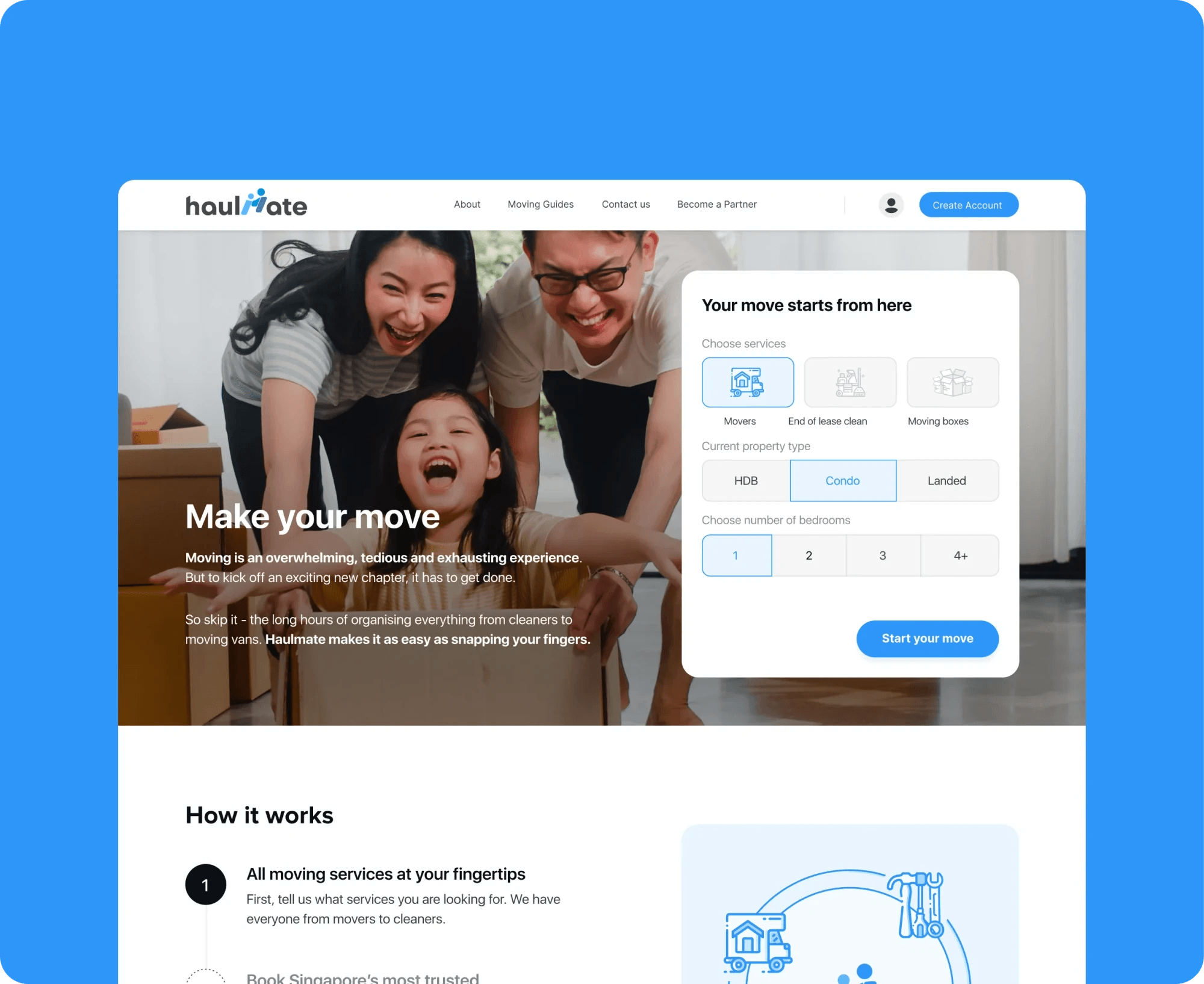 Haulmate booking page: "Make your move" with a move type picker beside a family photo.