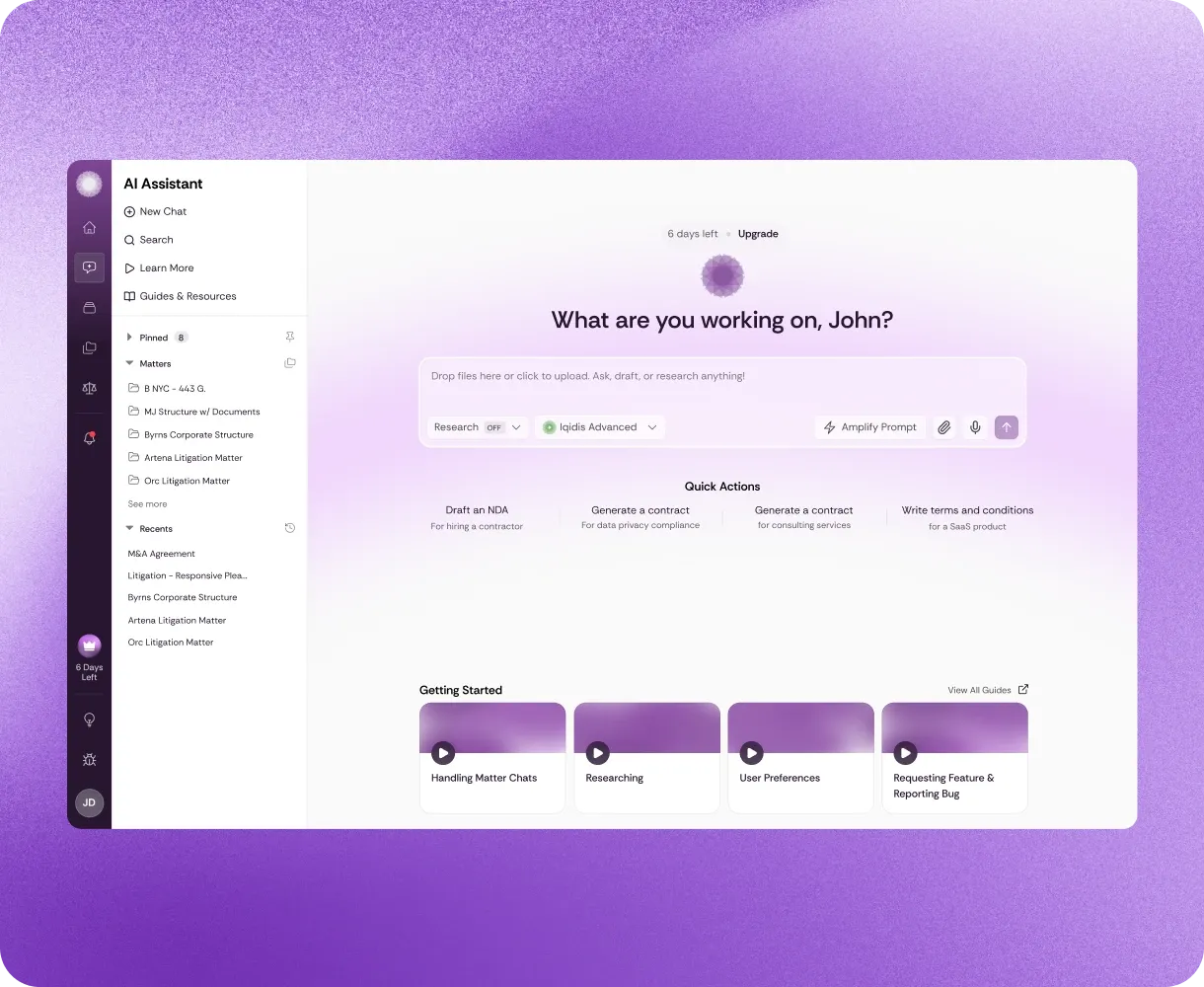 Irys AI assistant for lawyers asking what you are working on, with quick actions to draft an NDA or a contract.