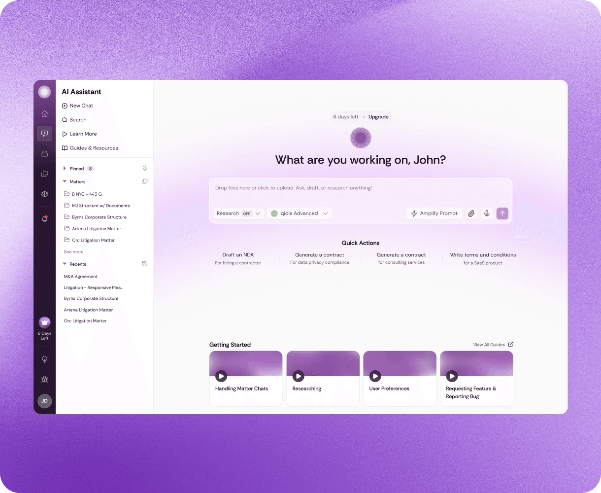 Irys AI assistant asking "What are you working on, John?" with quick actions and recent files.