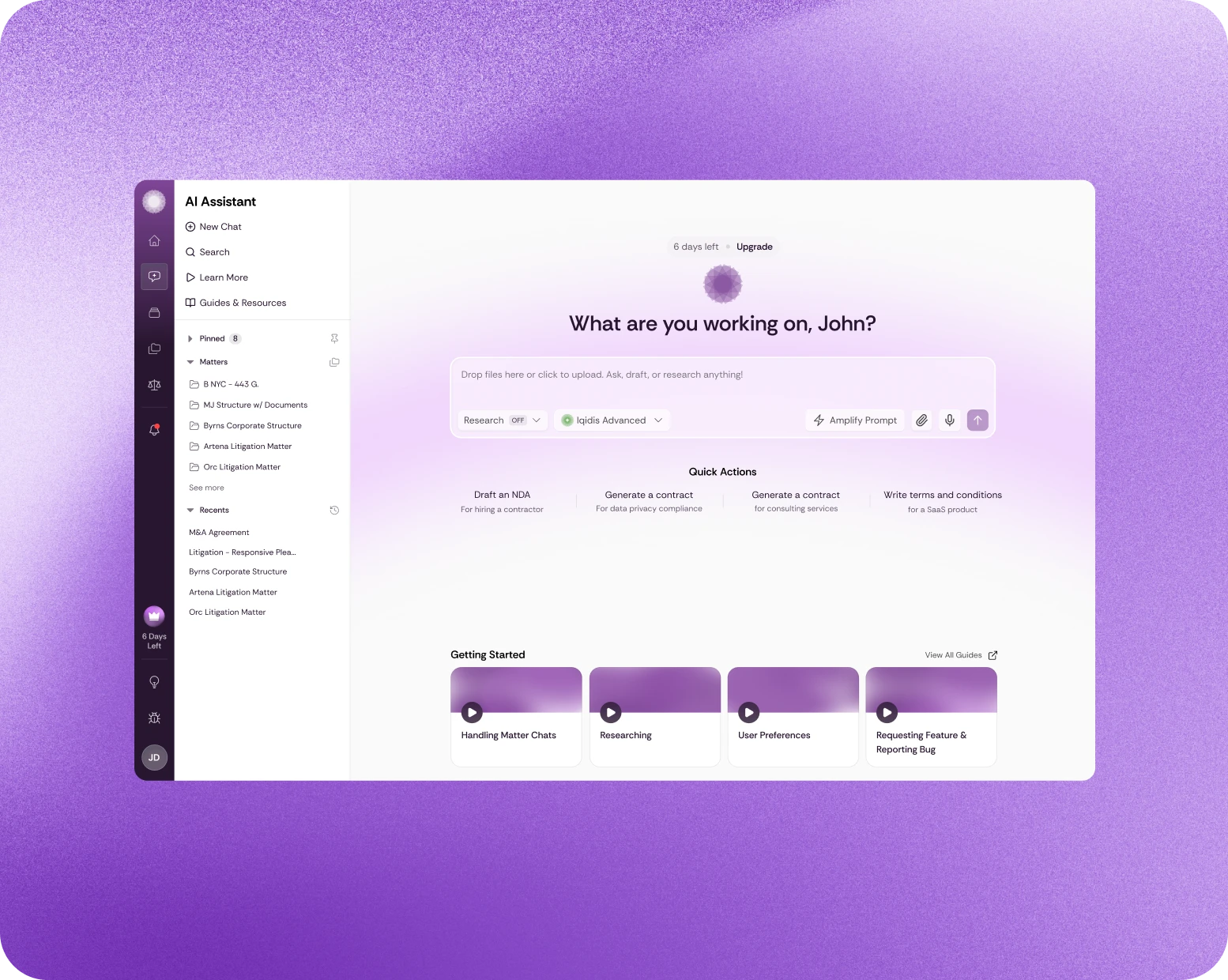 Irys AI assistant dashboard with file upload, quick actions for drafting and generating contracts, and getting-started video guides.