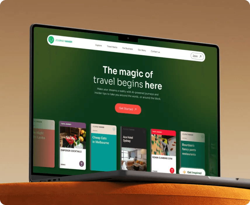 Trip planning website on a laptop: "The magic of travel begins here" with destination cards.