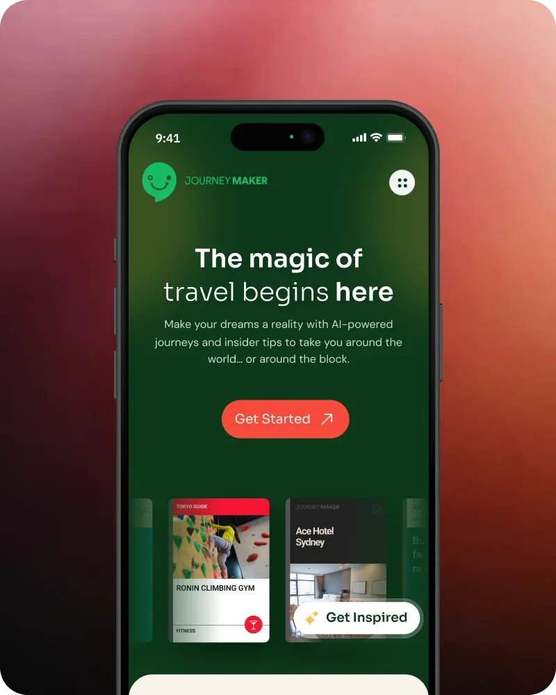 Journeymaker travel website on a phone: "The magic of travel begins here", with AI-powered journeys.