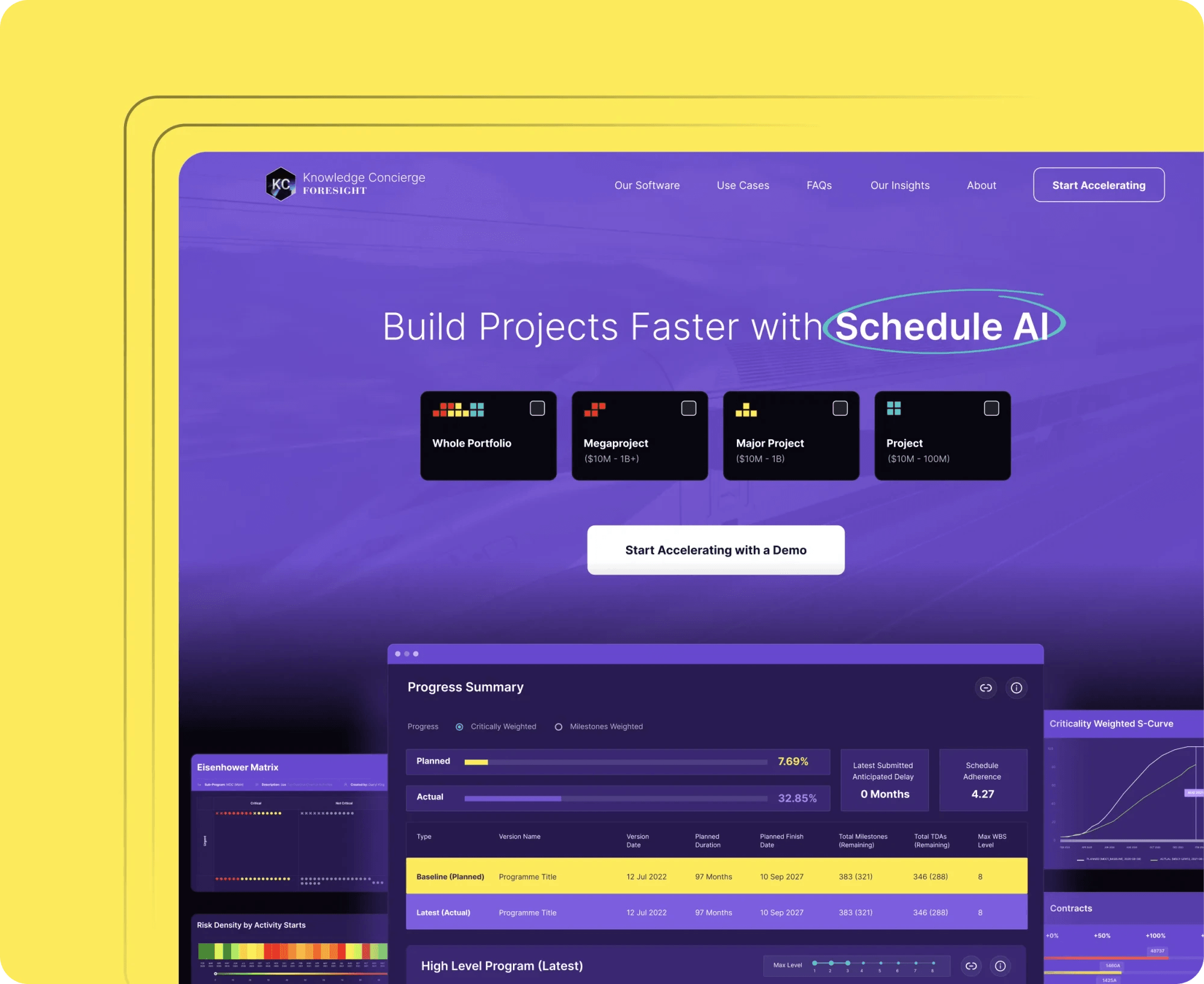 Website hero, "Build Projects Faster with Schedule AI", above a project summary dashboard.