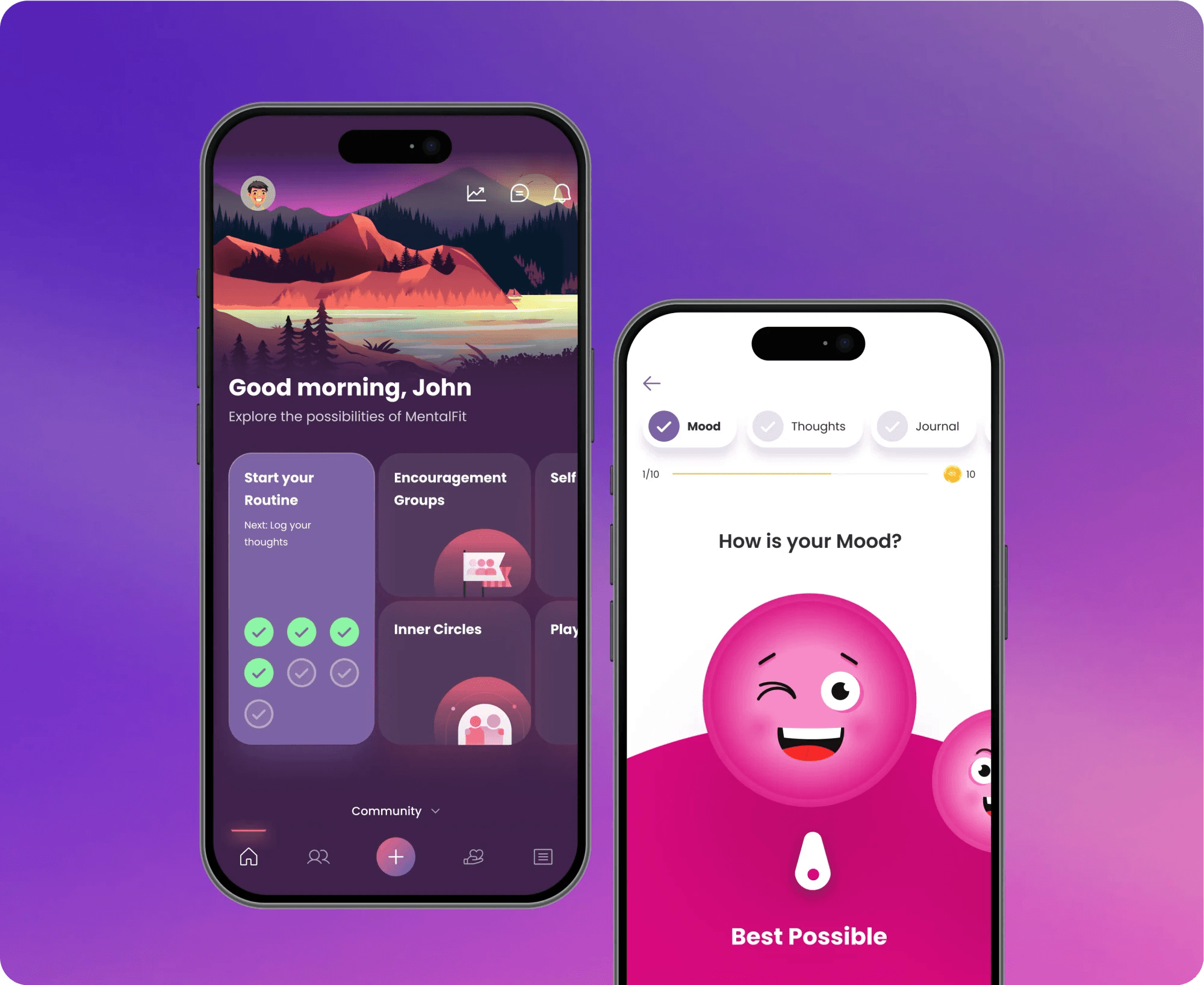 MentalFit mobile app screens: a morning check-in and a mood picker with a smiling character.