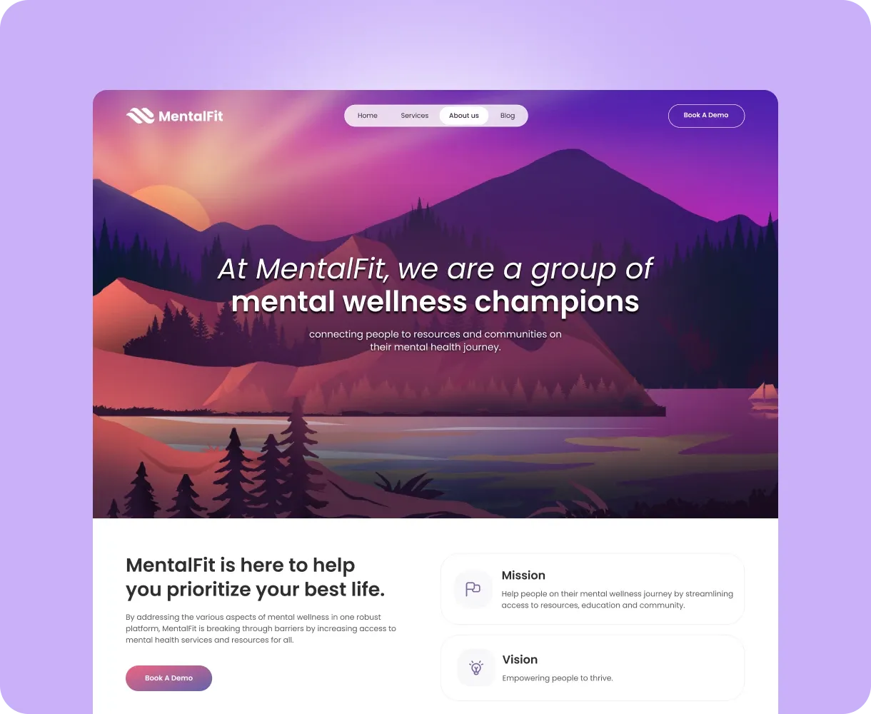 MentalFit website hero: "At MentalFit, we are a group of mental wellness champions", over a mountain lake illustration.