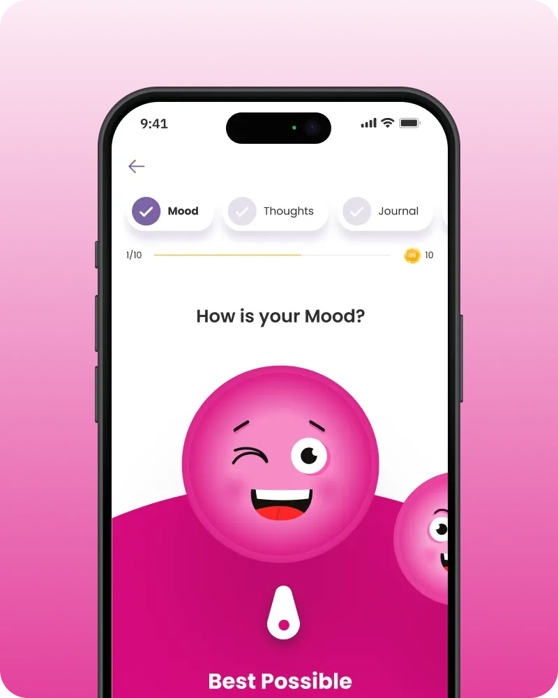 MentalFit mobile app mood check-in screen with a smiling pink character.