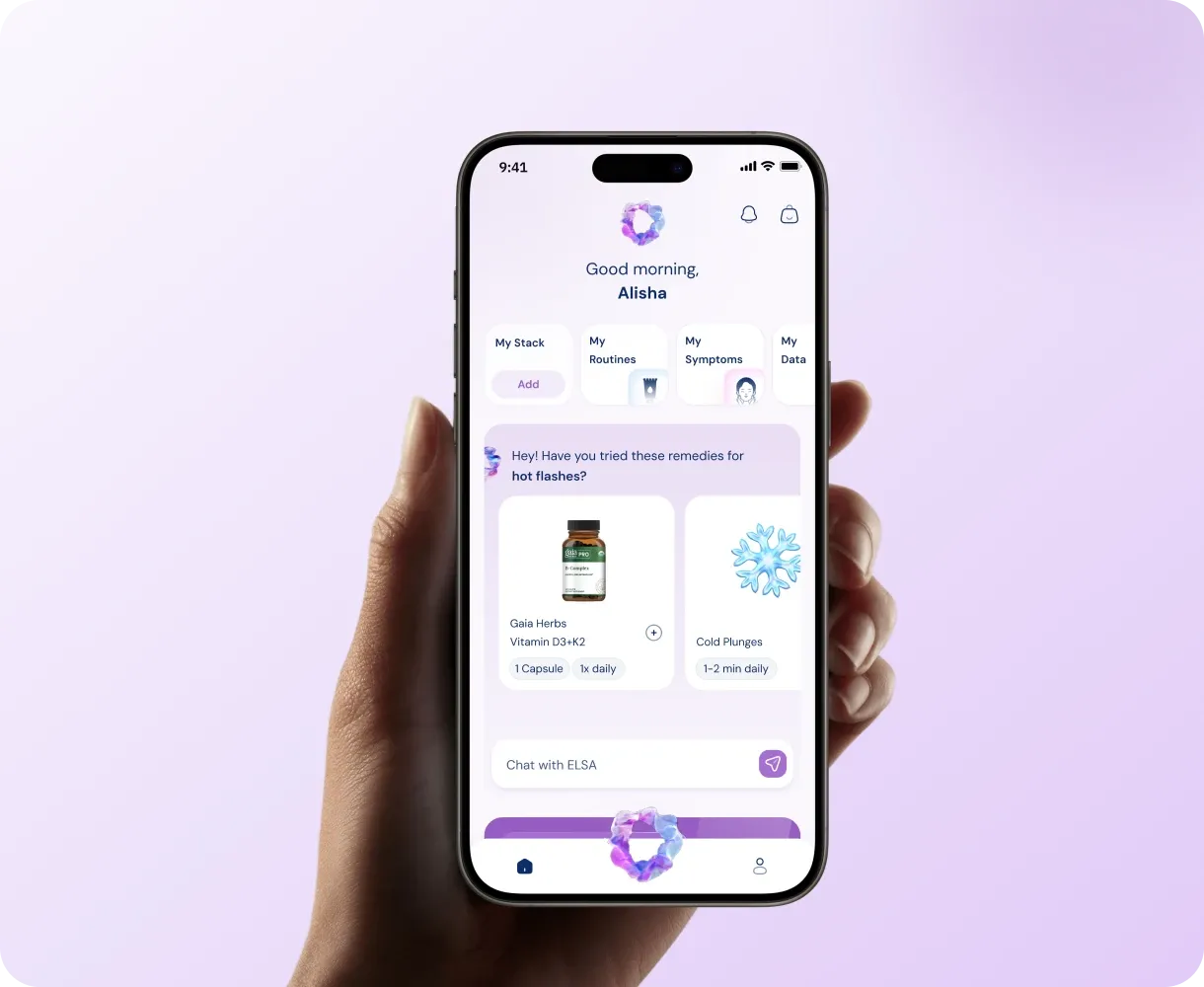 Metapause app on a phone: an AI assistant suggesting remedies for hot flashes.