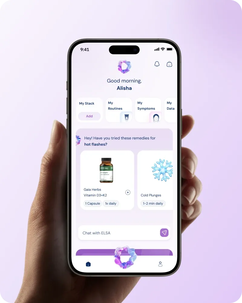 Metapause app on a phone: an AI assistant suggesting remedies for hot flashes in a personal health stack.