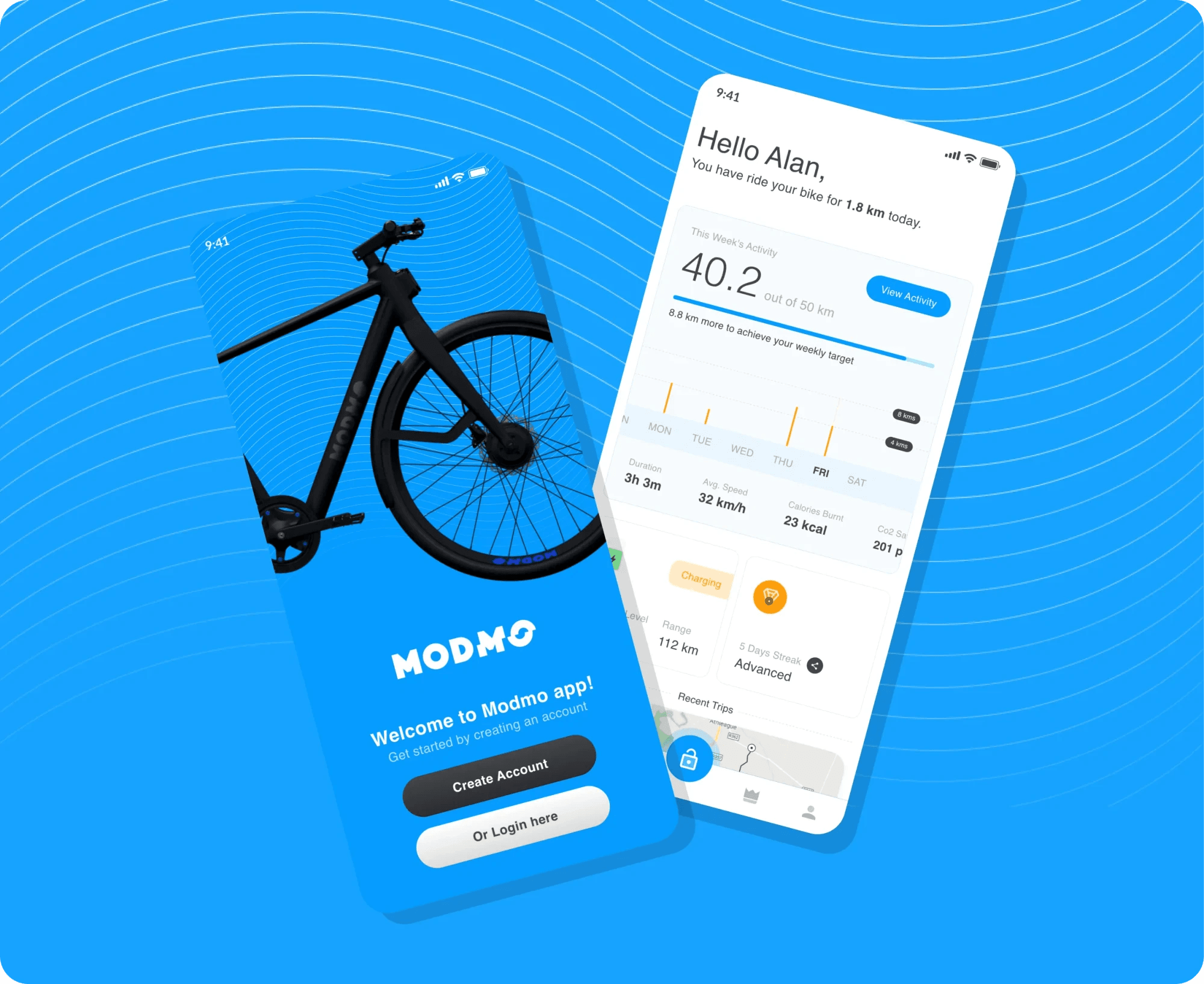 Modmo e-bike app screens with ride stats beside a black electric bike.