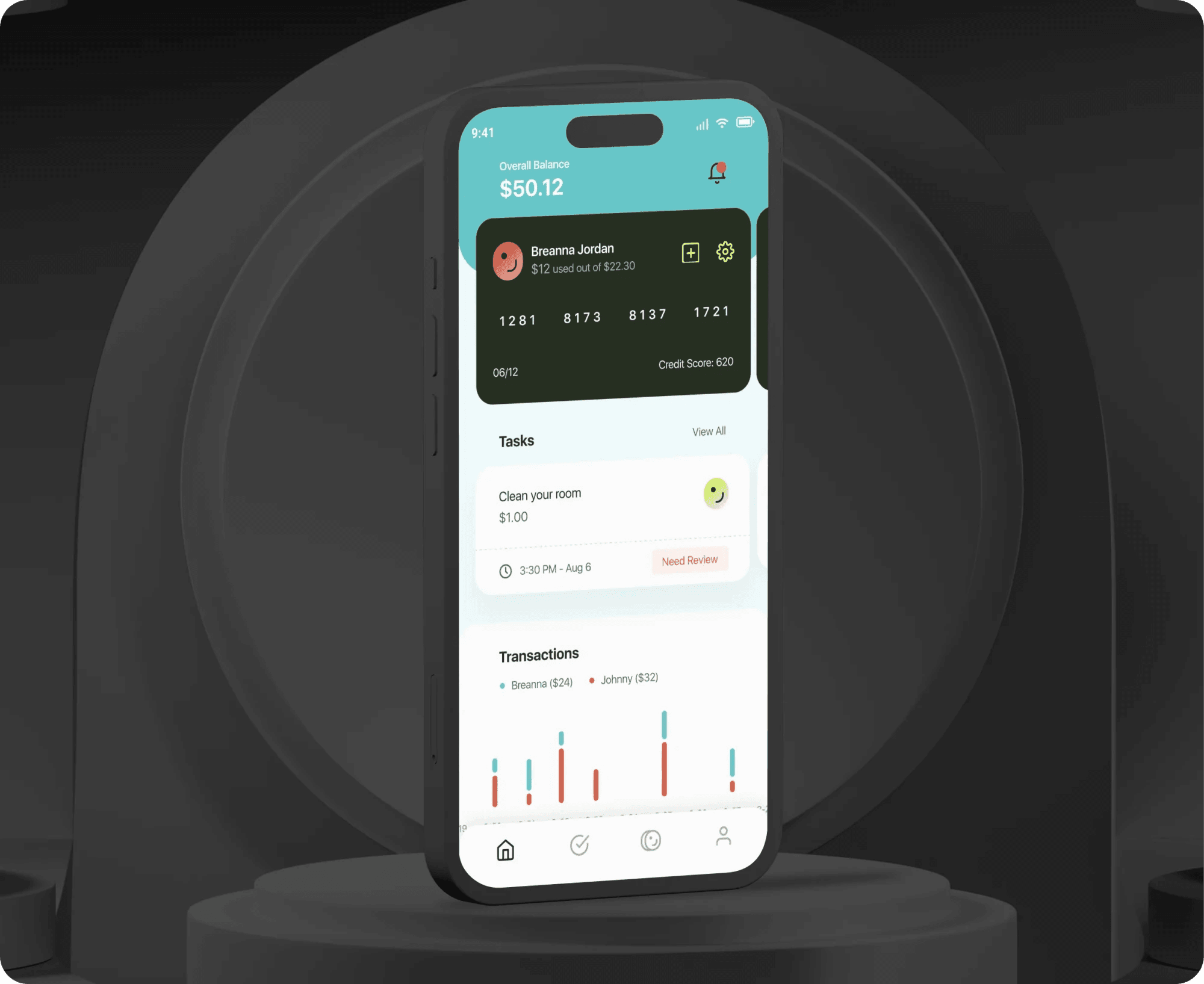 Money Ventures app on a phone showing a kid's card balance, tasks and transactions.