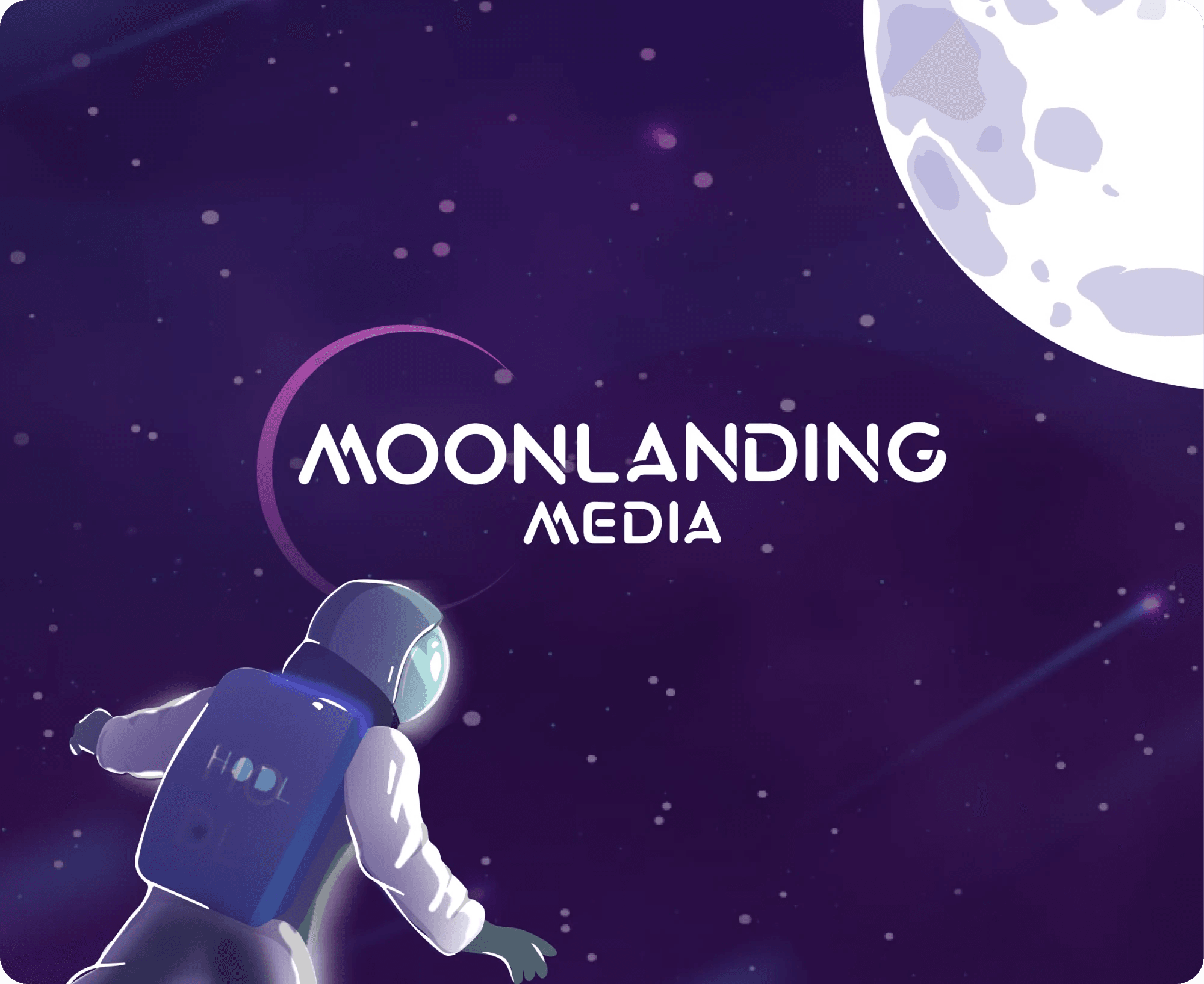 Moonlanding Media brand artwork: an astronaut floating under the moon in a purple sky.