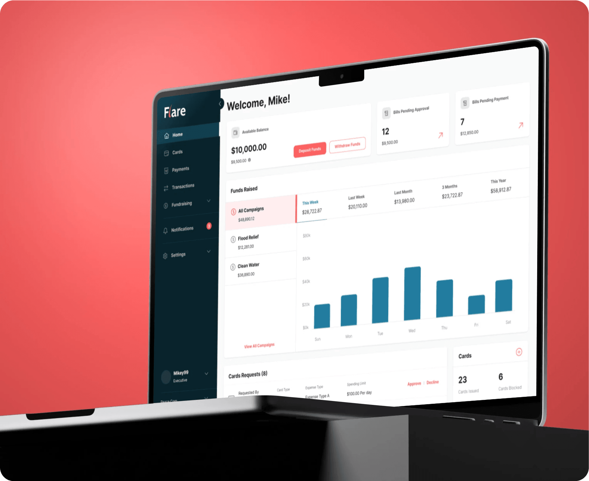 Finance dashboard for nonprofits with fund balances and a monthly bar chart, on a laptop.