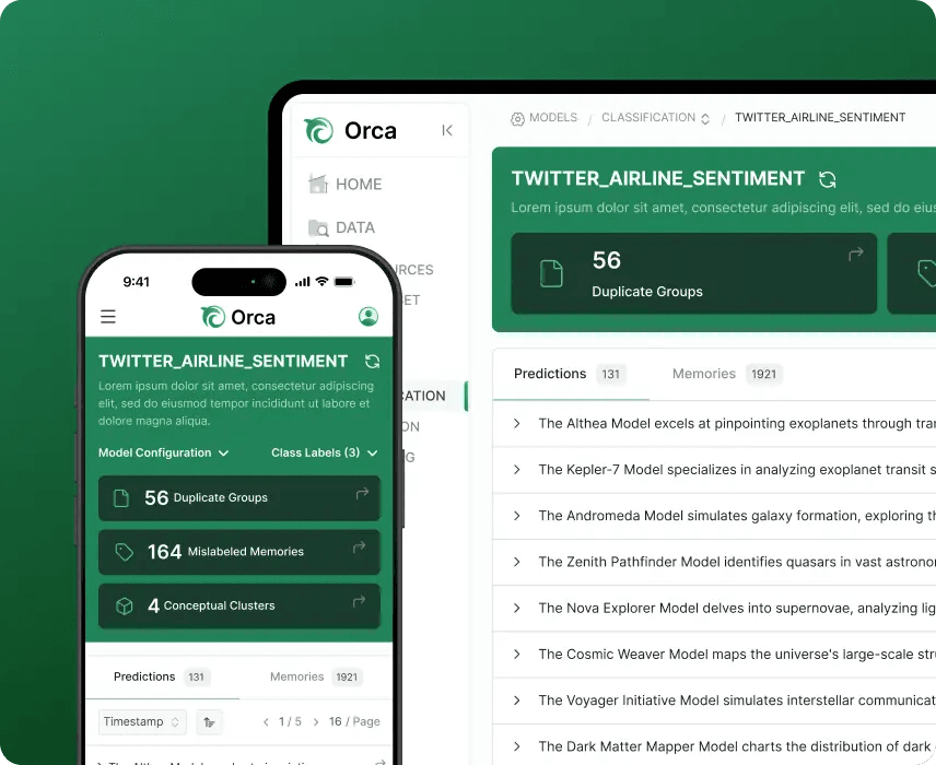 Orca MLOps dashboard for a sentiment model on desktop and mobile, with duplicate and mislabeled counts.