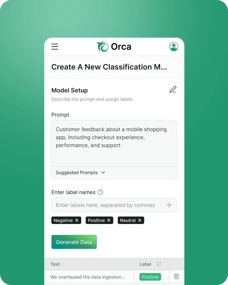 Orca model setup screen generating labelled training data from a prompt about customer feedback.