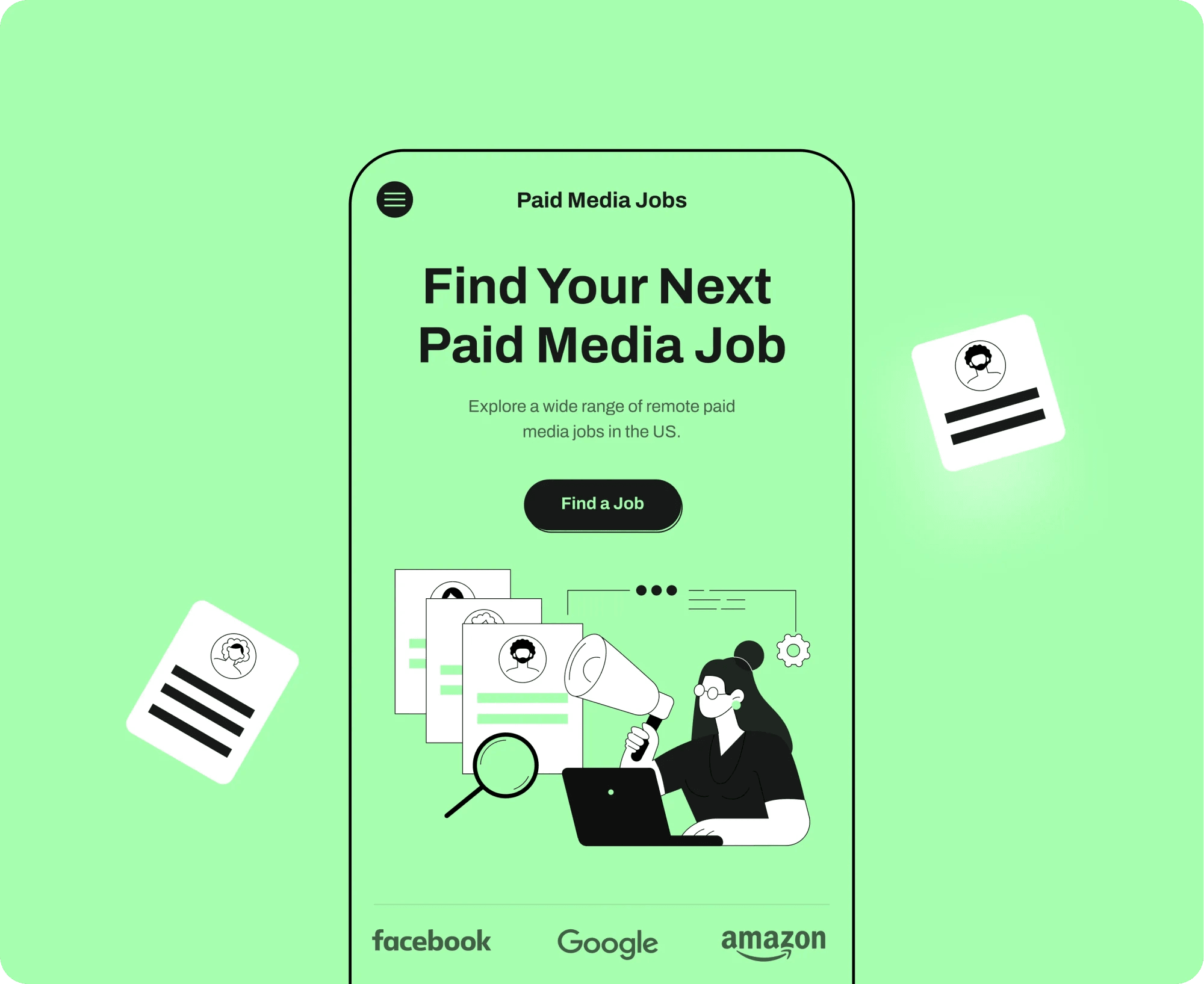 Paid Media Jobs mobile site: "Find Your Next Paid Media Job" with an illustrated job search.