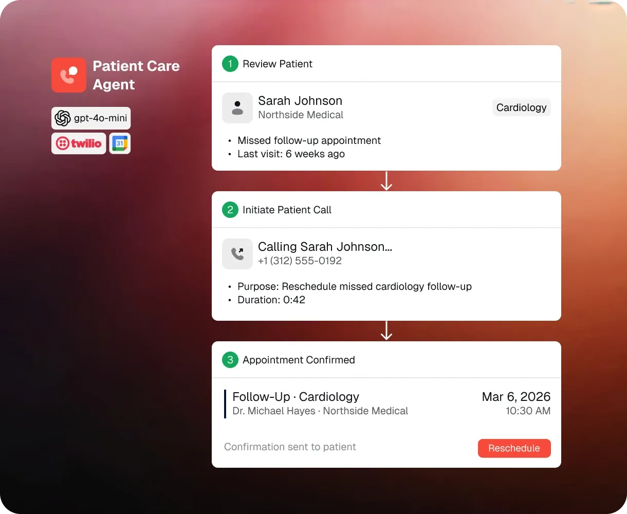 Patient care agent reviewing a patient with a missed follow-up, calling her, and confirming a cardiology appointment.