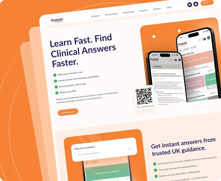 Praktiki website: "Learn Fast. Find Clinical Answers Faster." with the mobile app.