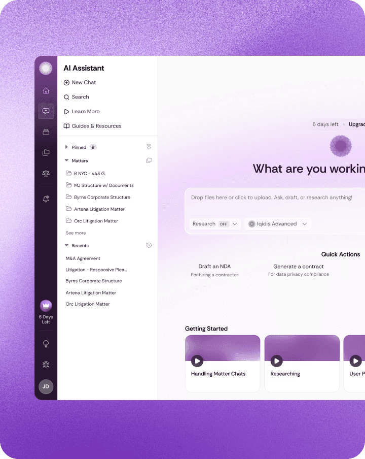 The Irys AI assistant for lawyers, designed by Busona, with quick actions for drafting contracts.