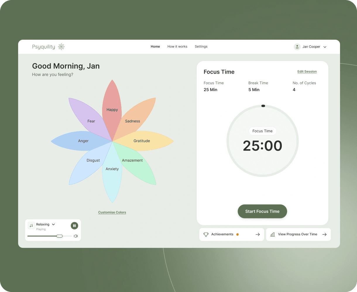 Psyquility dashboard with an emotion wheel and a 25-minute focus timer.