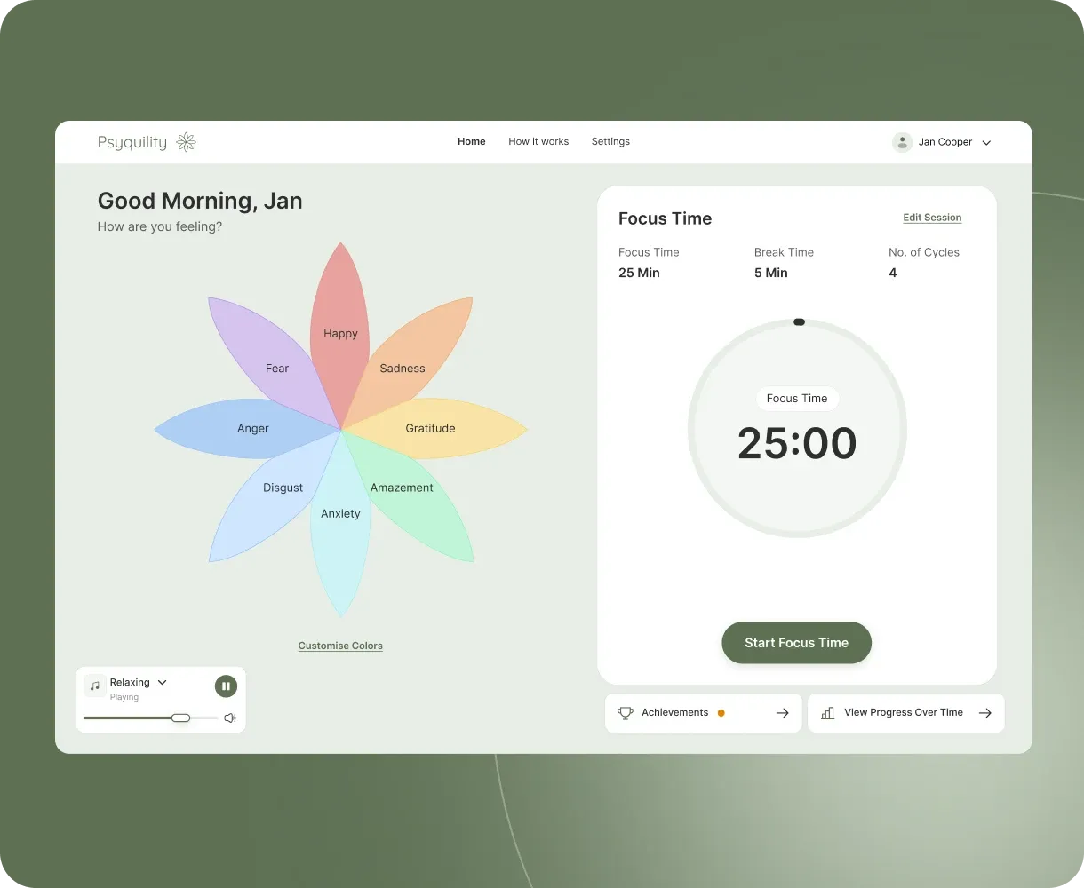 Psyquility focus timer at 25:00 next to a mood wheel, in a neuro-inclusive productivity web app.