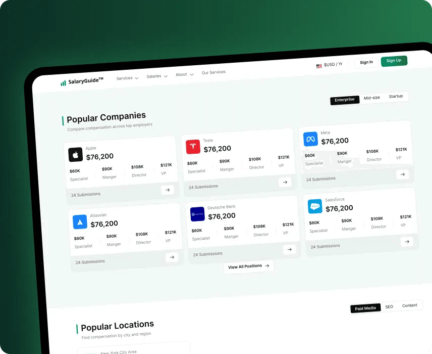 Salary Guide platform listing popular companies and locations with salary ranges.