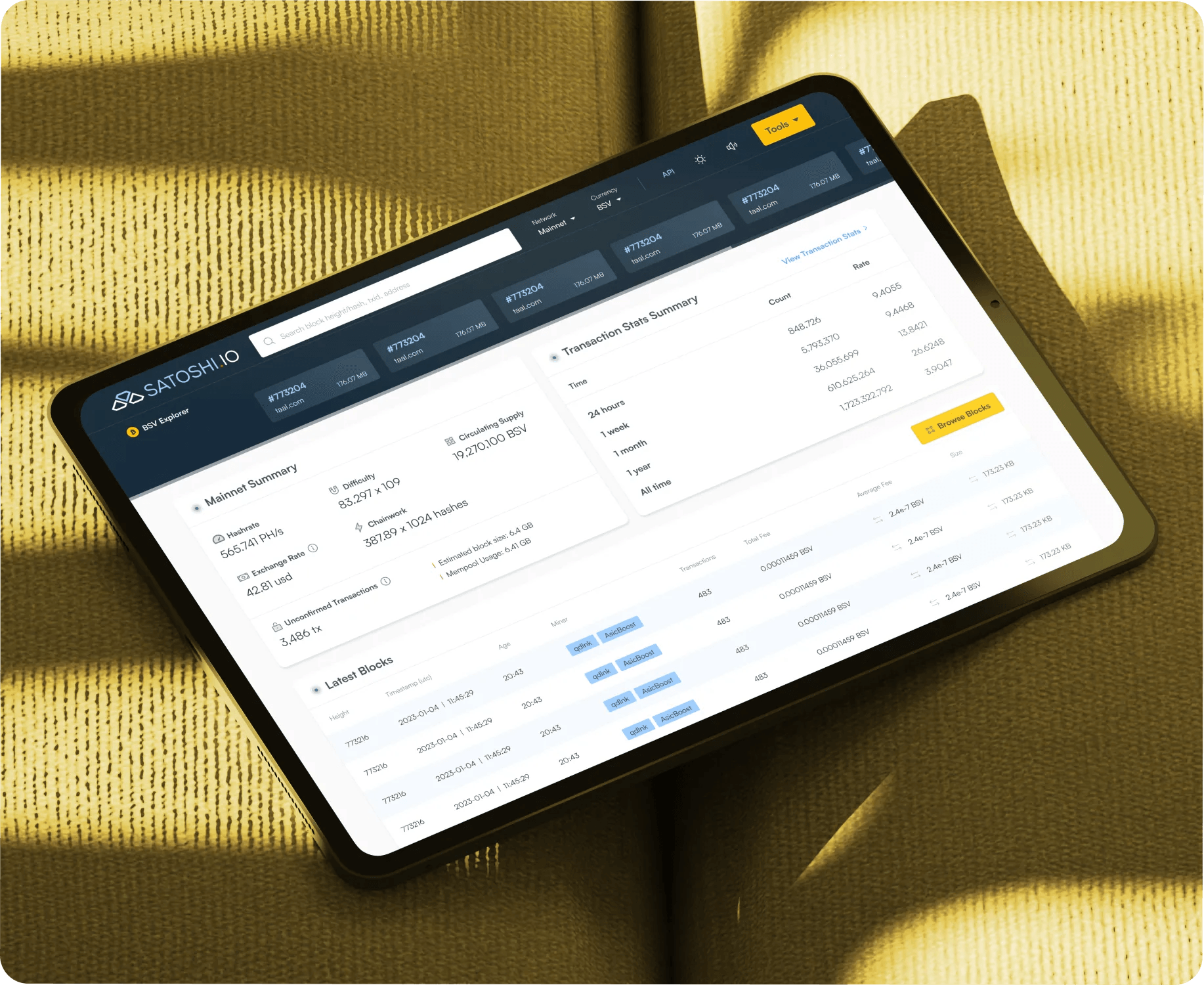 Satoshi blockchain explorer showing transaction tables, on a tablet.