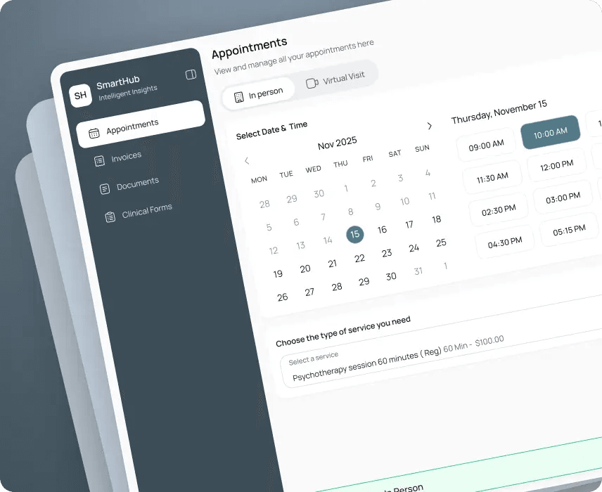SmartHub appointment booking with a calendar and time slots for in-person or virtual visits.