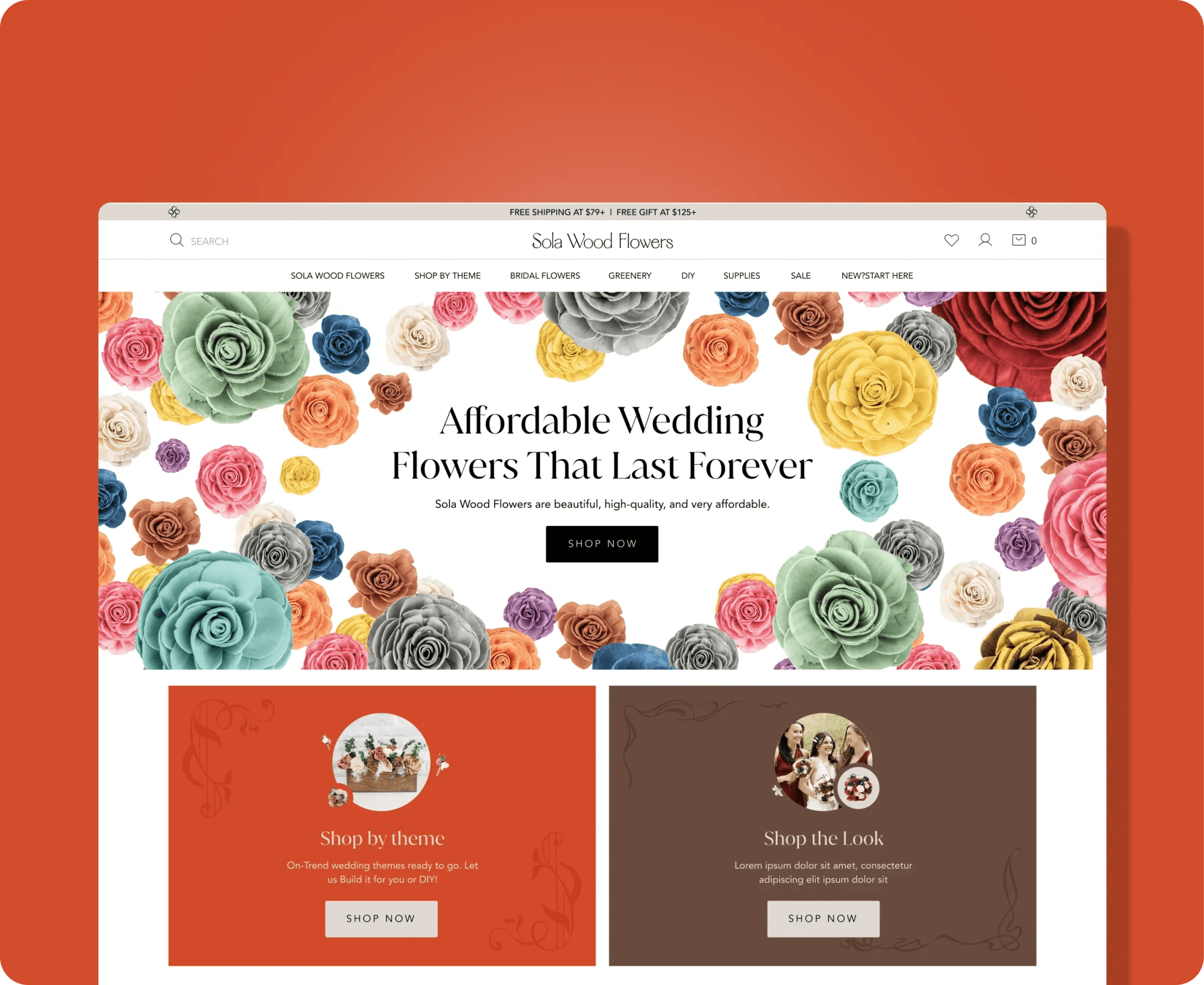 Sola Wood Flowers store: "Affordable Wedding Flowers That Last Forever" over colourful wood flowers.