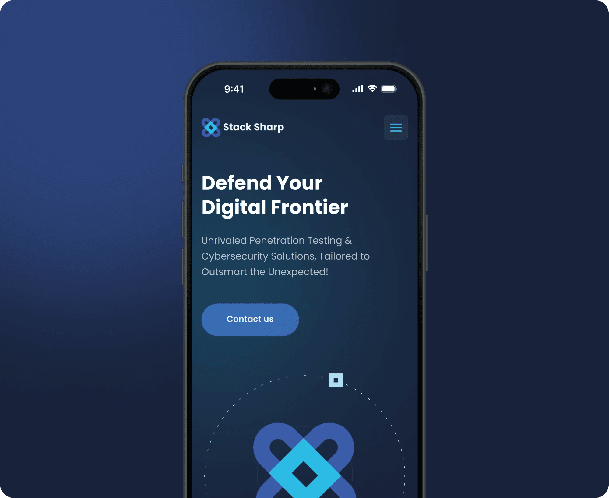Stack Sharp mobile site: "Defend Your Digital Frontier" with a contact button.