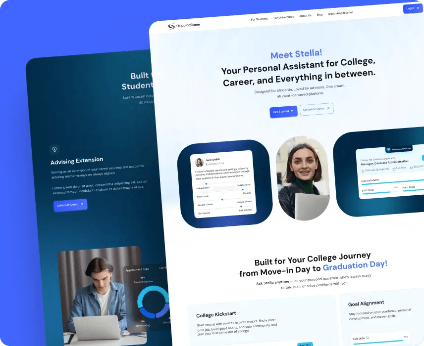 Stepping Stone website introducing Stella, a personal assistant for college and career.
