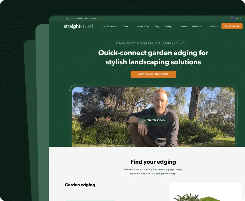 Straight Curve website: "Quick-connect garden edging for stylish landscaping solutions".