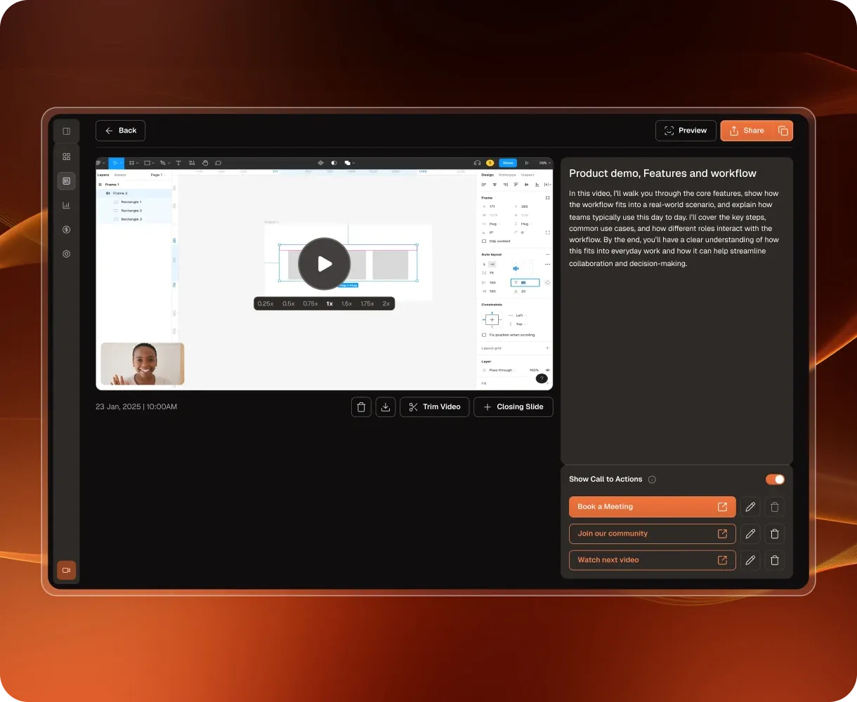 Sunum video editor showing a product demo recording with call-to-action settings.