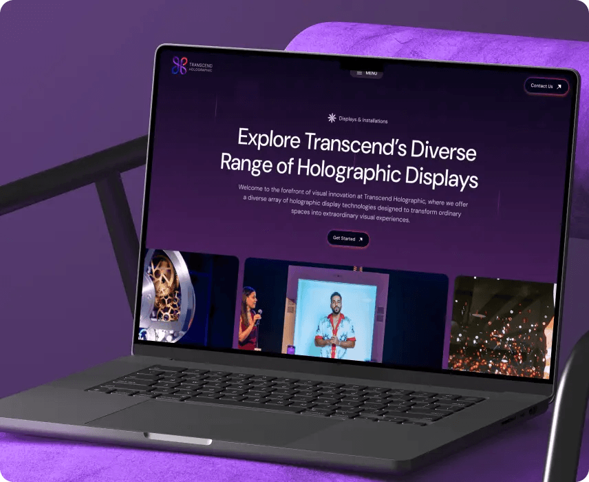 Transcend website on a laptop: "Explore Transcend's Diverse Range of Holographic Displays".